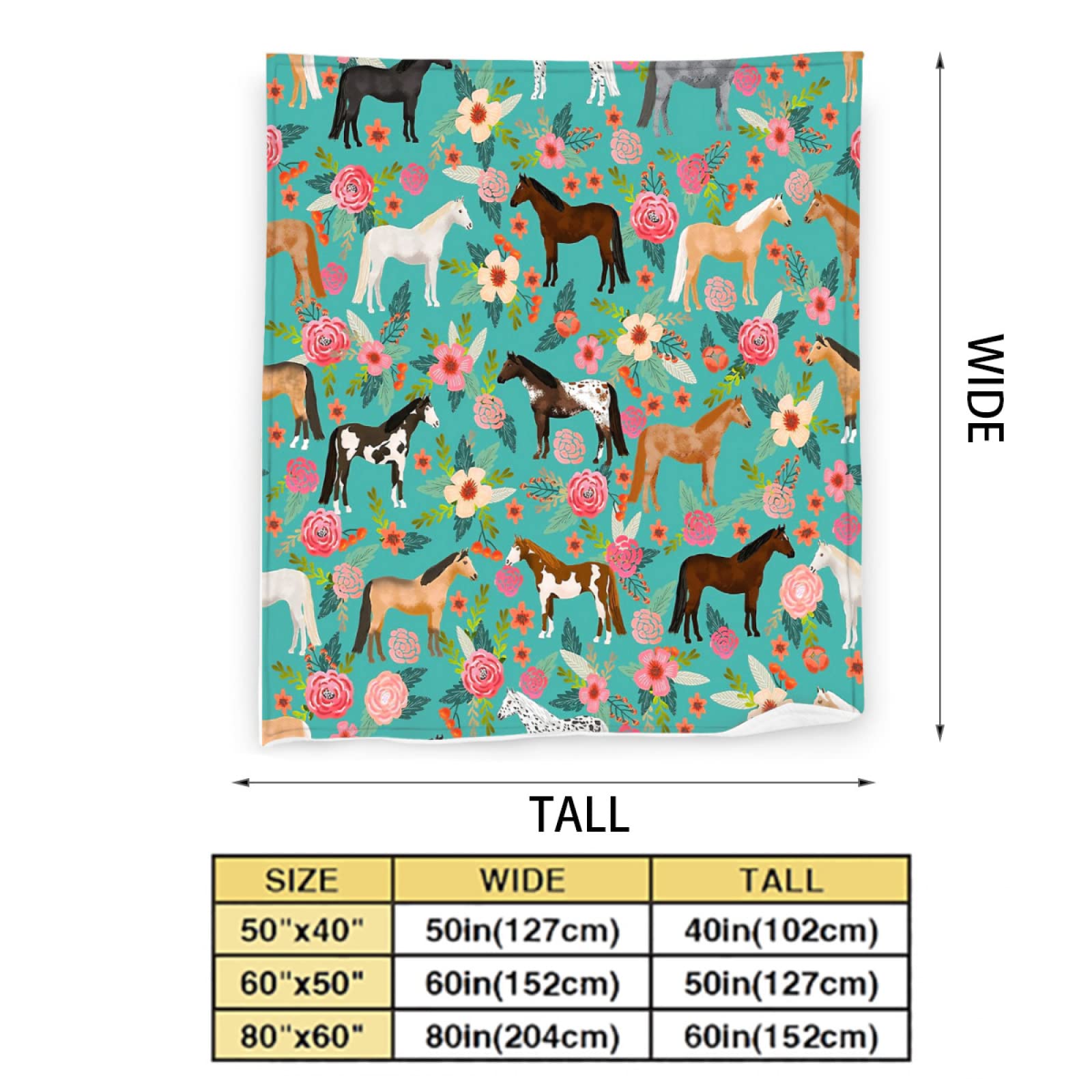 Horse Print Throw Blanket Horses and Flowers Pattern Blanket for Girls Kids Adults Super Warm Soft Cozy Plush Fleece Flannel Blanket for Sofa Couch Bed Birthday Gifts 40"x50" 1