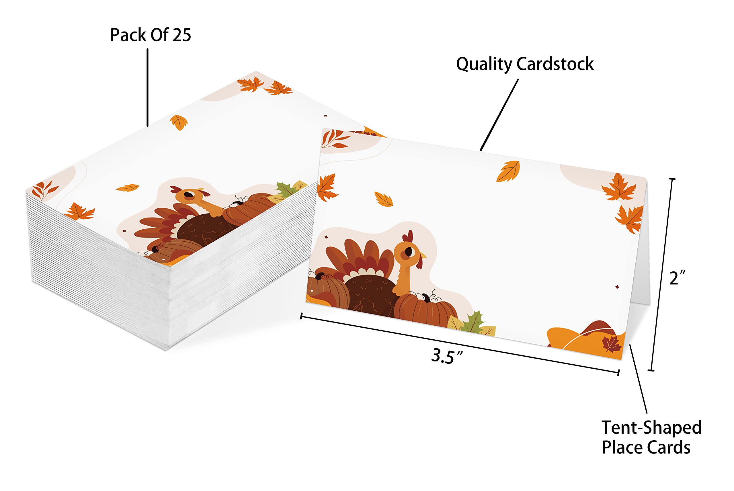 Table Place Card, Fall Thanksgiving Themed Tent Style Cards, Pack of 25 Half-Fold Reception Place Card with Turkey, Perfect for Thanksgiving Dinner, Party, Birthday, Wedding, Banquet A08