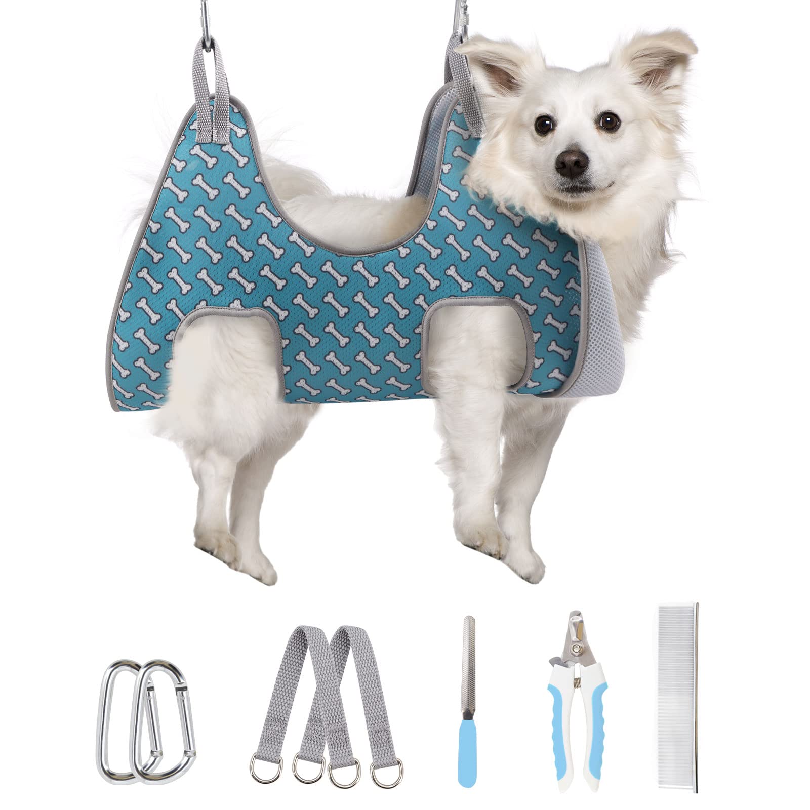 Supet Dog Grooming Hammock Harness for Cats Dogs, Relaxation Pet Grooming Hammock Restraint Dog & Small Animal Leashes Sling fo (Coral Blue, M（ Legs Spacing：9"-12.5" / Max W：50LBS ）)