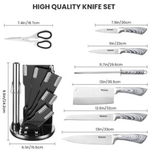 Velaze Knife Set with Block, 8 Pieces Stainless Steel Kitchen Knife Set with Spinning Block, Professional Chef Bread Knife Paring Knife Scissor Set, Built-in Sharpener, Grey…