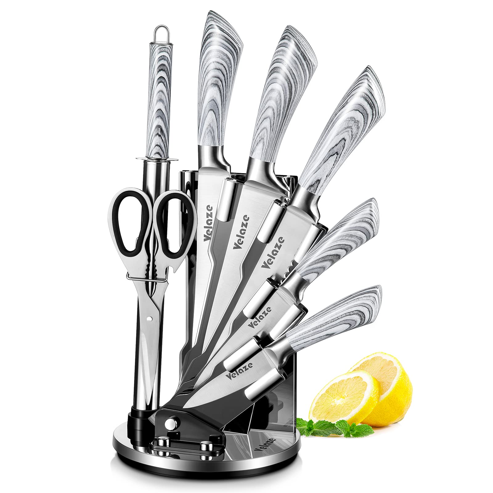 Velaze Knife Set with Block, 8 Pieces Stainless Steel Kitchen Knife Set with Spinning Block, Professional Chef Bread Knife Paring Knife Scissor Set, Built-in Sharpener, Grey…