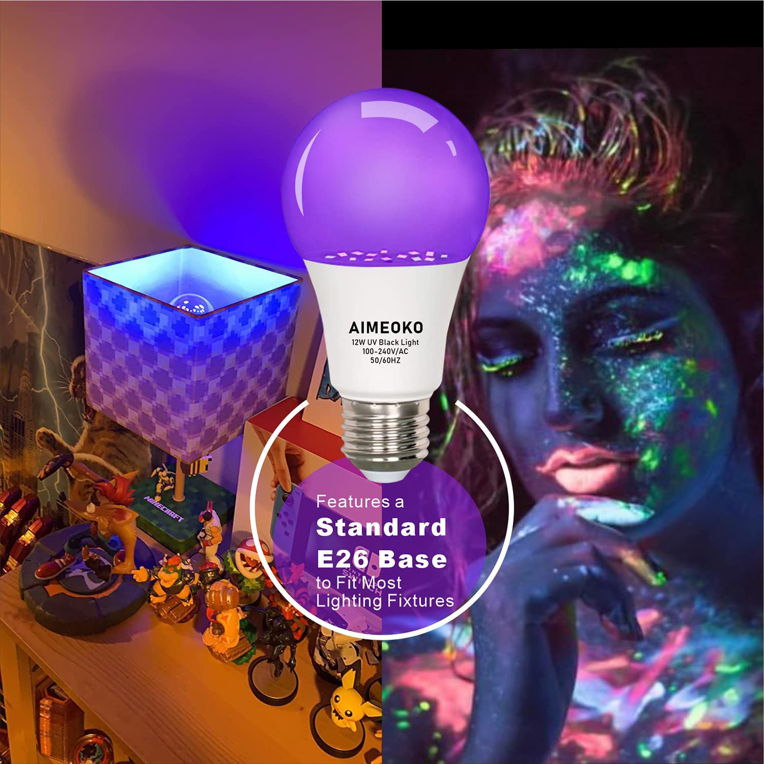 AIMEOKO Black Light Bulb 12W(100W Equivalent) - E26 UV LED Bulbs for Neon Party, Halloween, Fluorescent Poster, Body Paint - 2 Pack