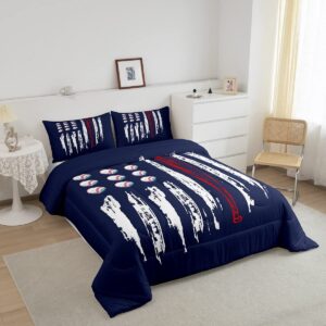 Castle Fairy Baseball Comforter Set Queen Size,American Flag Print Quilt Set with 2 Pillowcases,Creative Abstract Retro Flag Bedding Set 3pcs for Kids Boys Teens Bedroom Decor,(Navy Red White)