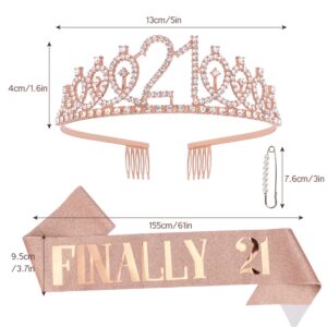 CAVETEE Rose Gold Finally 21 Birthday Sash and Crown for Women 21st Birthday Tiaras and Sash Set for Women Birthday Decorations Rose Gold Birthday Queen Crowns Tiaras for Women