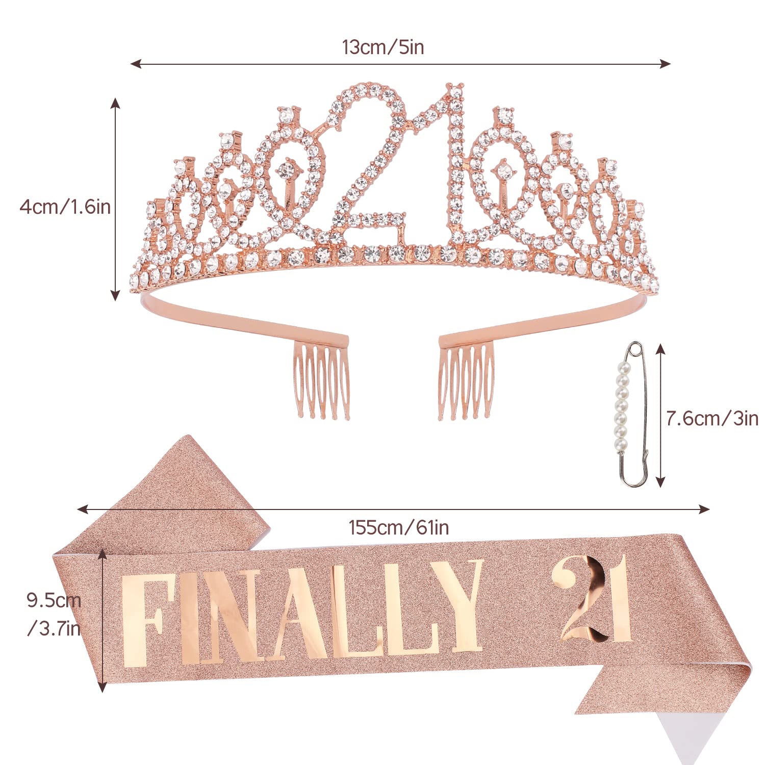 CAVETEE Rose Gold Finally 21 Birthday Sash and Crown for Women 21st Birthday Tiaras and Sash Set for Women Birthday Decorations Rose Gold Birthday Queen Crowns Tiaras for Women