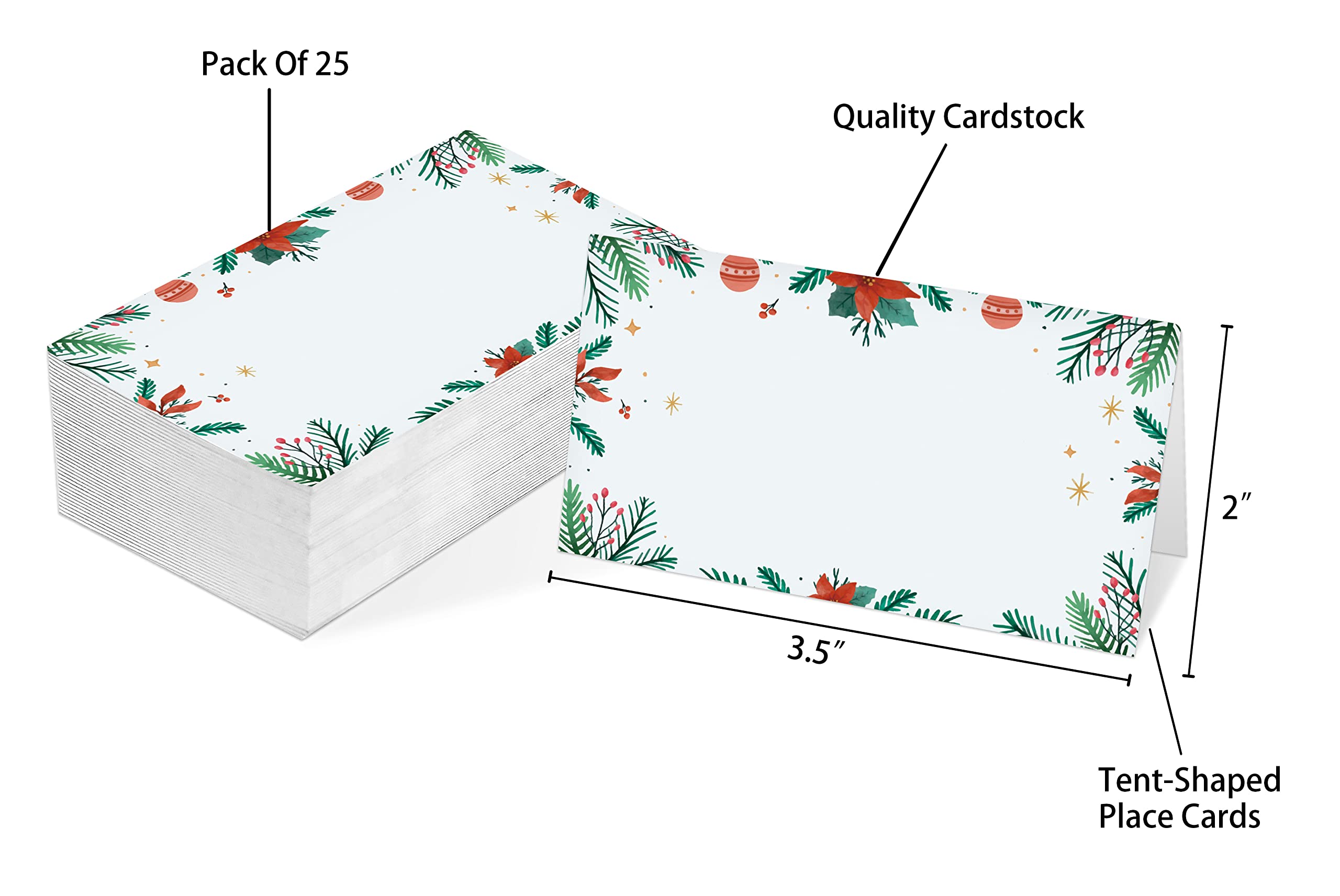 Table Place Card, Christmas Themed Tent Style Cards, Pack of 25 Half-Fold Reception Place Card, Perfect for Christmas Party, Wedding, Bridal & Baby Shower, Birthday, Banquet and Special Events A16