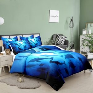 NINENINE Boys Blue Comforter Set Twin Size for Kids Teens,Shark Bedding Fish Ocean Dolphins Bed Sets with 1 Comforter 1 Pillowcase……