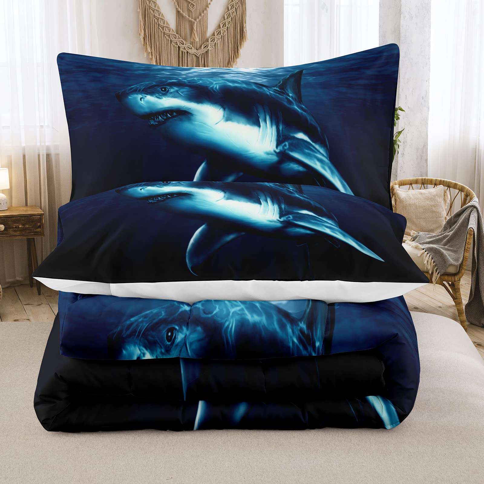 NINENINE Boys Blue Shark Bedding Sets Twin Size for Teens Kids,Boys Navy Blue Comforter Fish Ocean Bed Set-Includes 1 Comforter with Matching Pillowcase