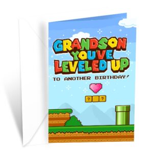 prime greetings grandson birthday card video game theme, made in america, eco-friendly, thick card stock with premium envelope 5in x 7.75in, packaged in protective mailer