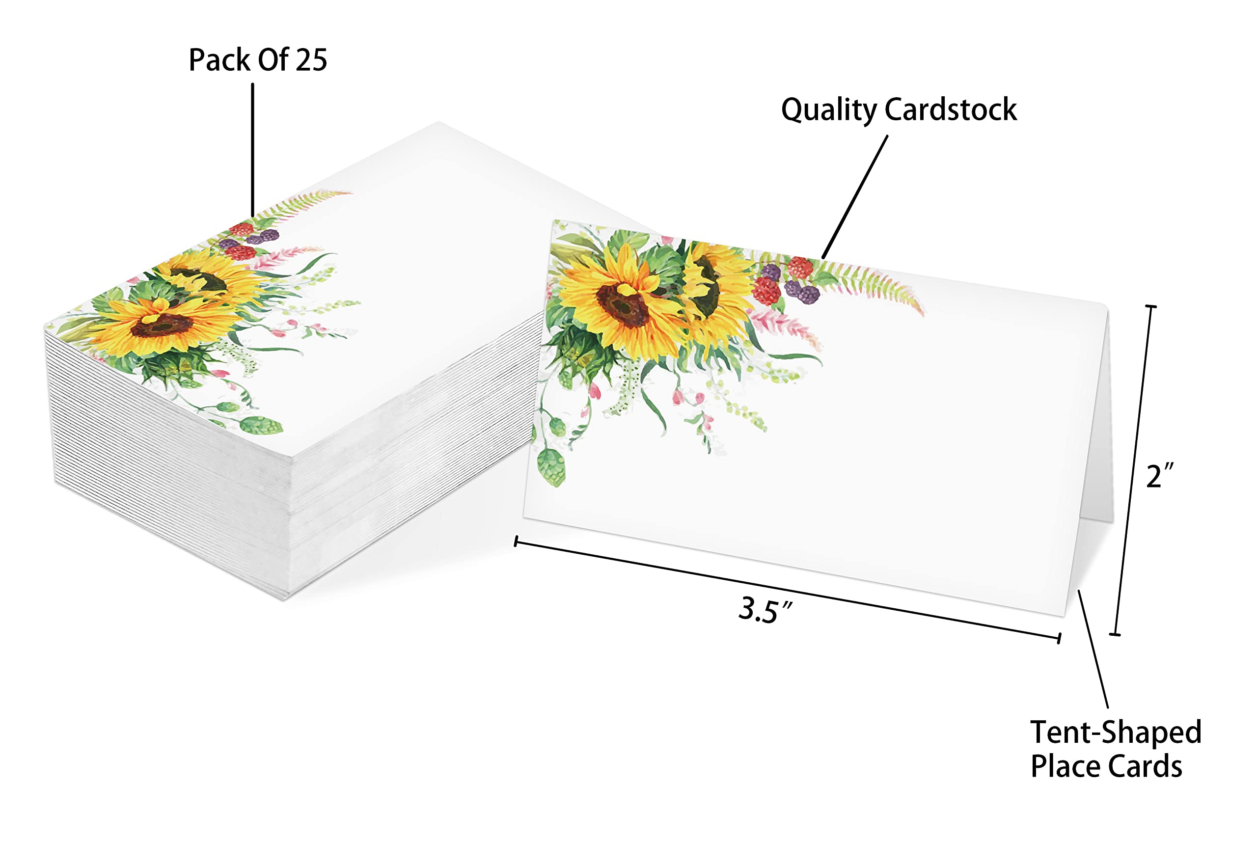 Table Place Card, Sunflower Themed Tent Style Cards, Pack of 25 Half-Fold Reception Place Card, Perfect for Sunflower Party, Wedding, Bridal & Baby Shower, Birthday, Banquet and Special Events A21