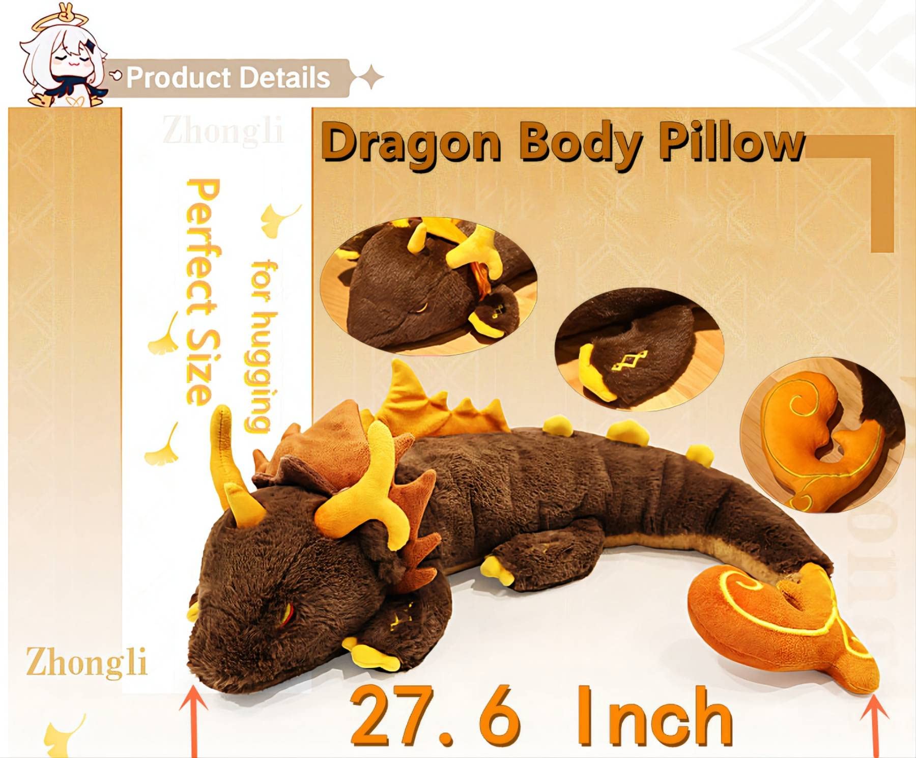 BOOTANO Set Plushie Genshin Impact Zhong Li Dragon 27.6 Inch Hugging Pillow and Cute Kawaii Zhongli Keychain Soft Stuffed Animal for Fans Kids Birthday Gifts