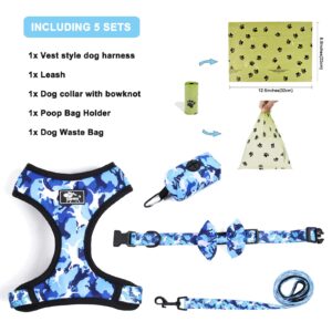 Step in Dog Harness and Leash Set, Adjustable Reflective No Pull Dog Vest Harness Set for Puppy Medium Dog with Bow Collar, Leash and Poop Bag, Medium Blue Camouflage