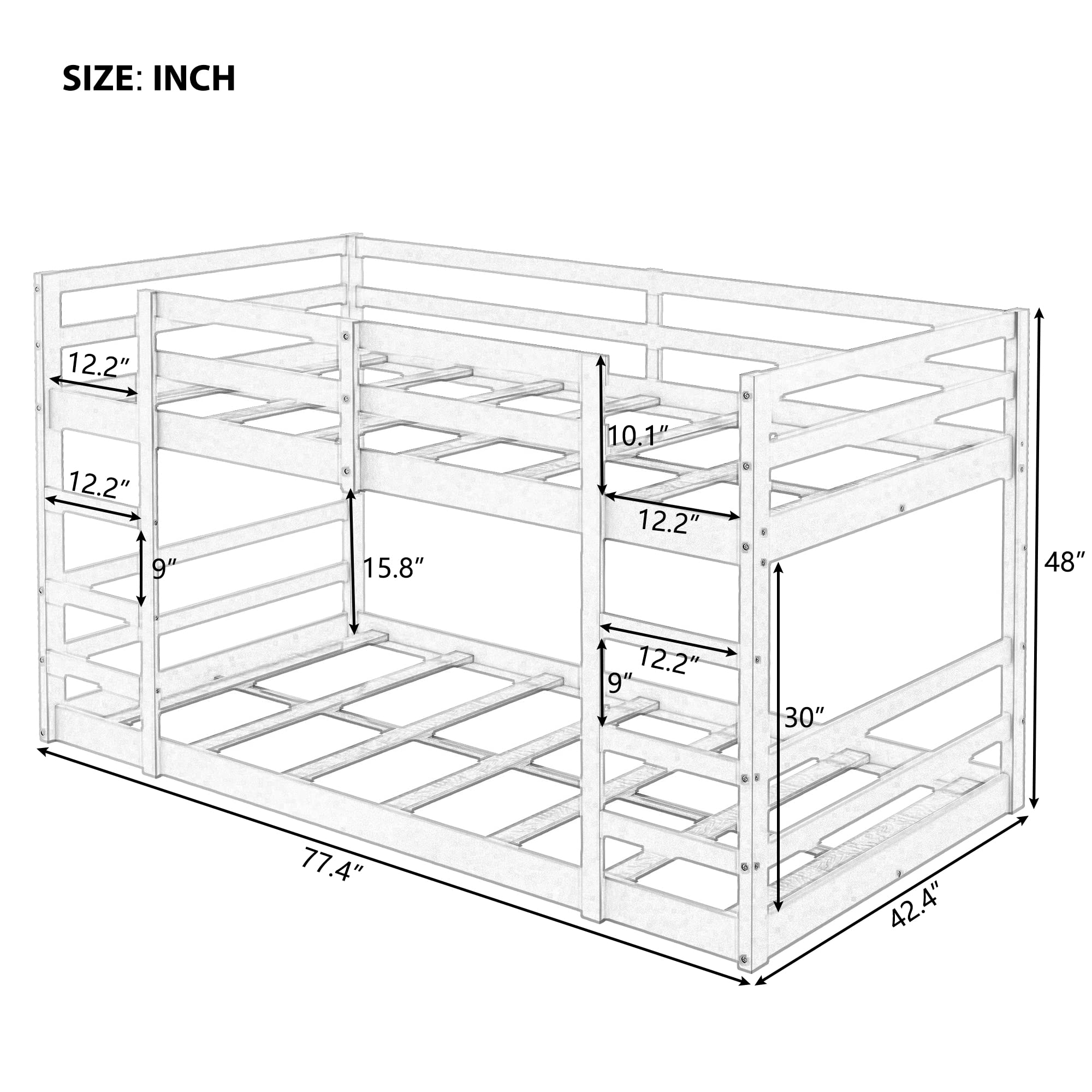 P PURLOVE Wood Low Bunk Bed Twin Over Twin Bunk Bed for Kids Low Loft Bed and Floor Bed for Kids Teens, Wood Slat Included, No Box Spring Need