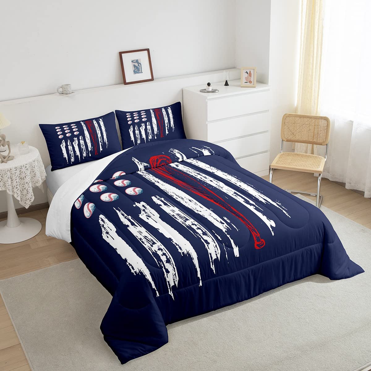 Castle Fairy Baseball Comforter Set Queen Size,American Flag Print Quilt Set with 2 Pillowcases,Creative Abstract Retro Flag Bedding Set 3pcs for Kids Boys Teens Bedroom Decor,(Navy Red White)