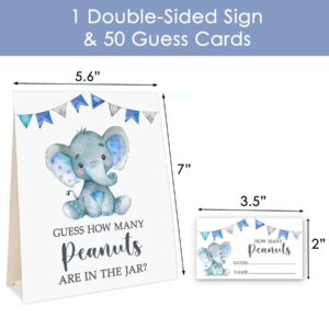 Yuzioey Blue Elephant Guess How Many Peanuts, Elephant Baby Shower Game, 50 Cards and Matching Standing Sign, Boy Elephant Baby Shower Decorations