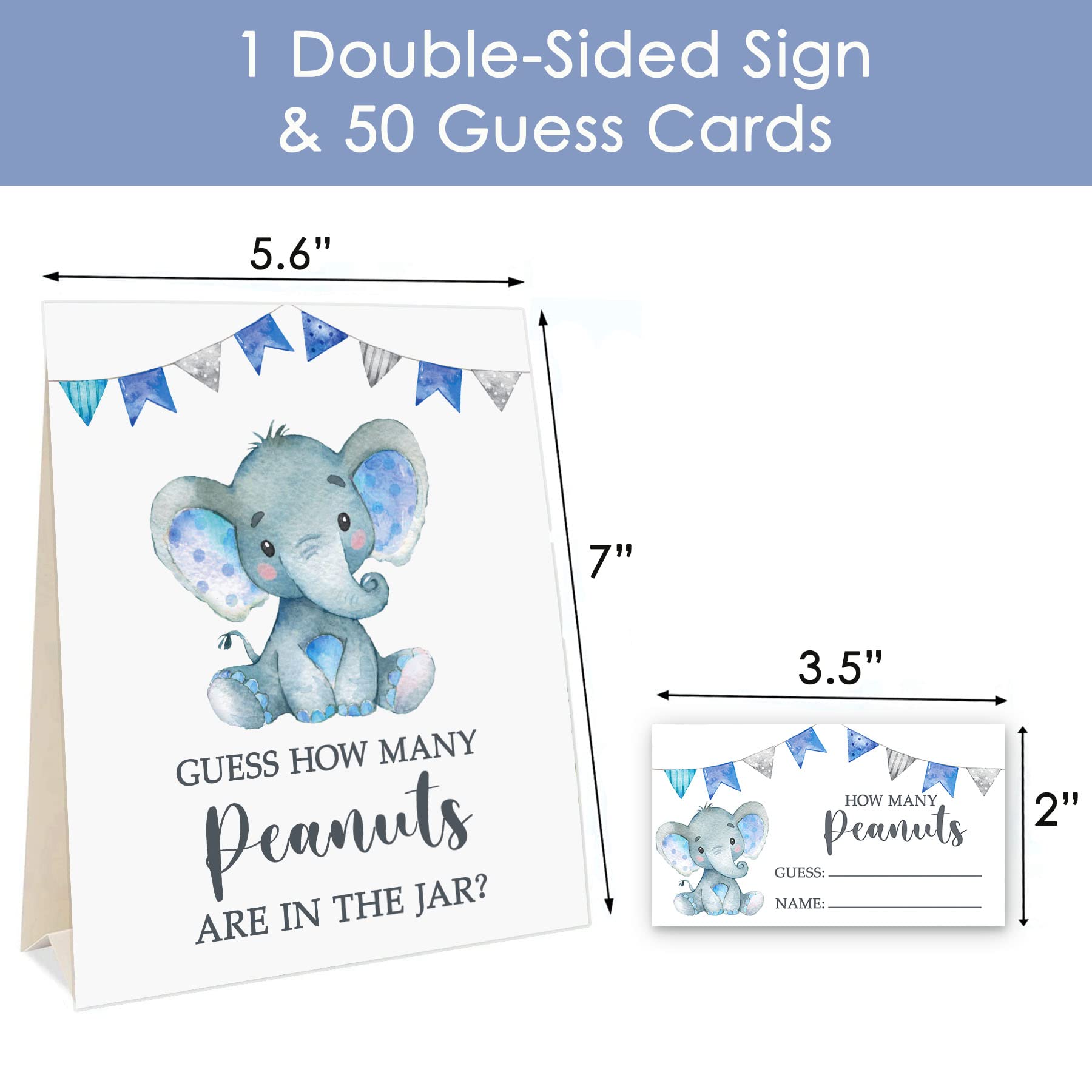 Yuzioey Blue Elephant Guess How Many Peanuts, Elephant Baby Shower Game, 50 Cards and Matching Standing Sign, Boy Elephant Baby Shower Decorations