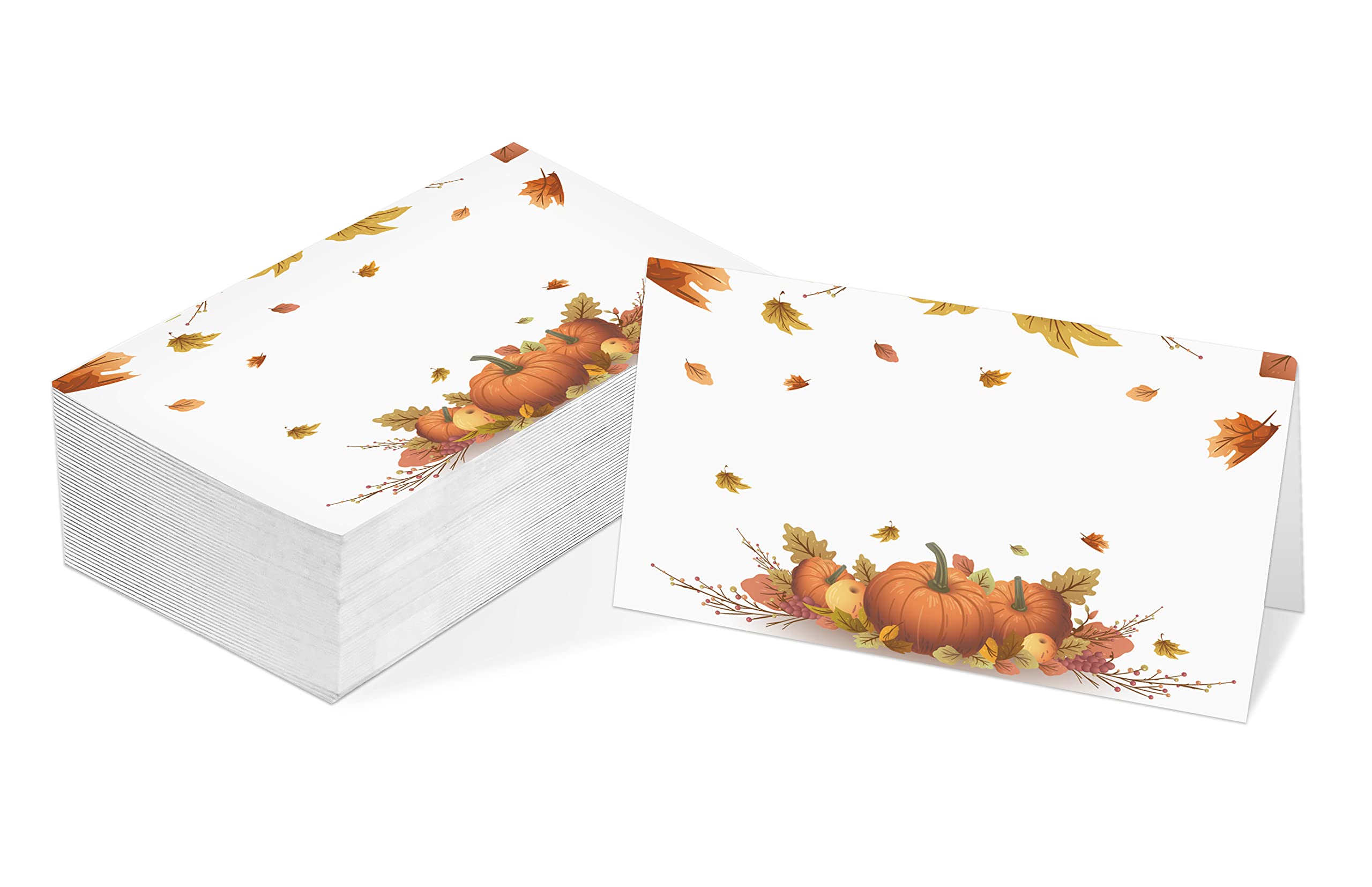 Table Place Card, Fall Harvest Thanksgiving Themed Tent Style Cards, Pack of 25 Half-Fold Reception Place Card with Pumpkin, Perfect for Thanksgiving Dinner, Party, Birthday, Wedding, Banquet A11