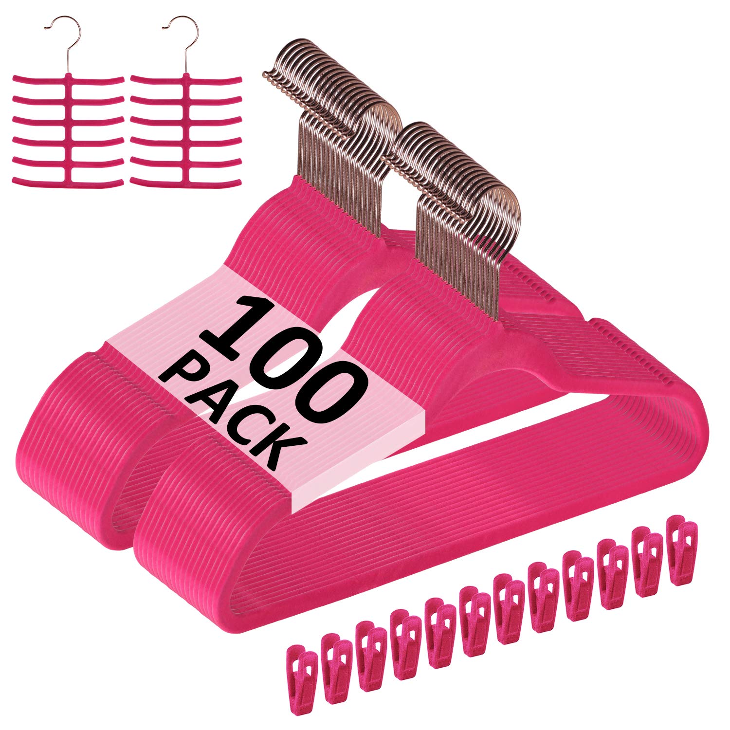 VECELO Premium Velvet Clothes Hangers Suit Heavy Duty (100 Pack)-Non Slip & Space-Saving with 12 Finger Clips & 2Tie Rack Excellent for Men and Women,Rose