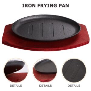 Yardwe Cast Iron Steak Pan, Round Sizzling Plate Fajita Skillet Steak Plate with Wooden Base for Kitchen Restaurant