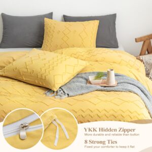 WARMDERN Boho Duvet Cover Set 3 Piece Yellow Queen Duvet Cover Set Washed Microfiber Tufted Bedding Set with Zipper Closure Wavy Stripes Duvet Cover and 2 Pillowcases(Queen,Yellow)