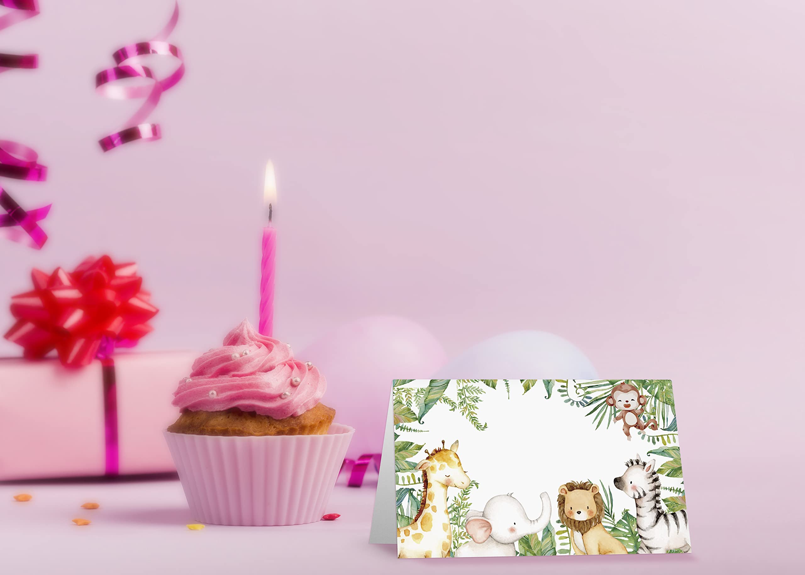 Table Place Card, Jungle Safari Animal Themed Tent Style Cards, Pack of 25 Half-Fold Reception Place Cards, Perfect for Baby Showers, Jungle Safari Birthday Party, Special Events A28