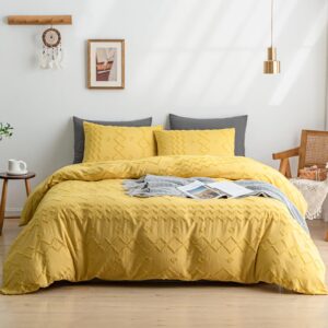 warmdern boho duvet cover set 3 piece yellow queen duvet cover set washed microfiber tufted bedding set with zipper closure wavy stripes duvet cover and 2 pillowcases(queen,yellow)