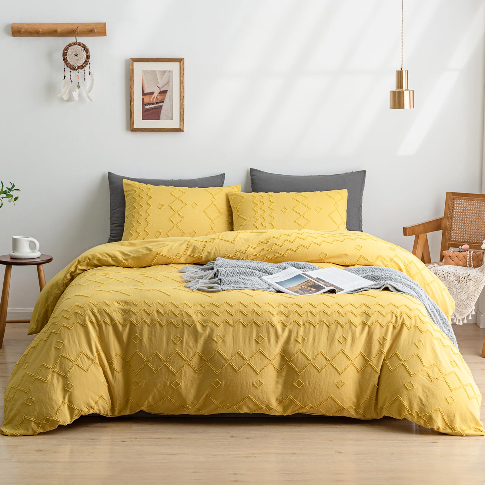 WARMDERN Boho Duvet Cover Set 3 Piece Yellow Queen Duvet Cover Set Washed Microfiber Tufted Bedding Set with Zipper Closure Wavy Stripes Duvet Cover and 2 Pillowcases(Queen,Yellow)