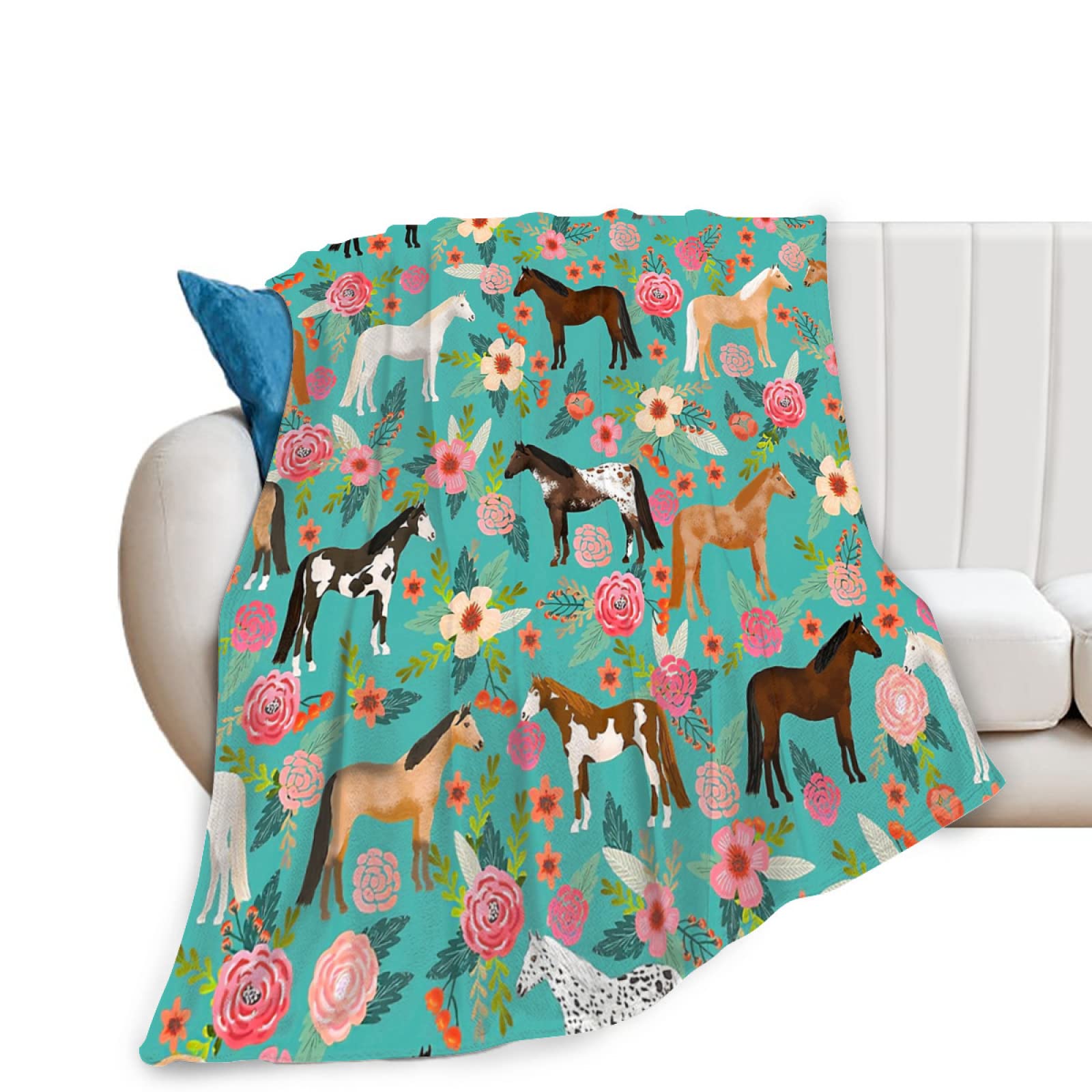 Horse Print Throw Blanket Horses and Flowers Pattern Blanket for Girls Kids Adults Super Warm Soft Cozy Plush Fleece Flannel Blanket for Sofa Couch Bed Birthday Gifts 40"x50" 1