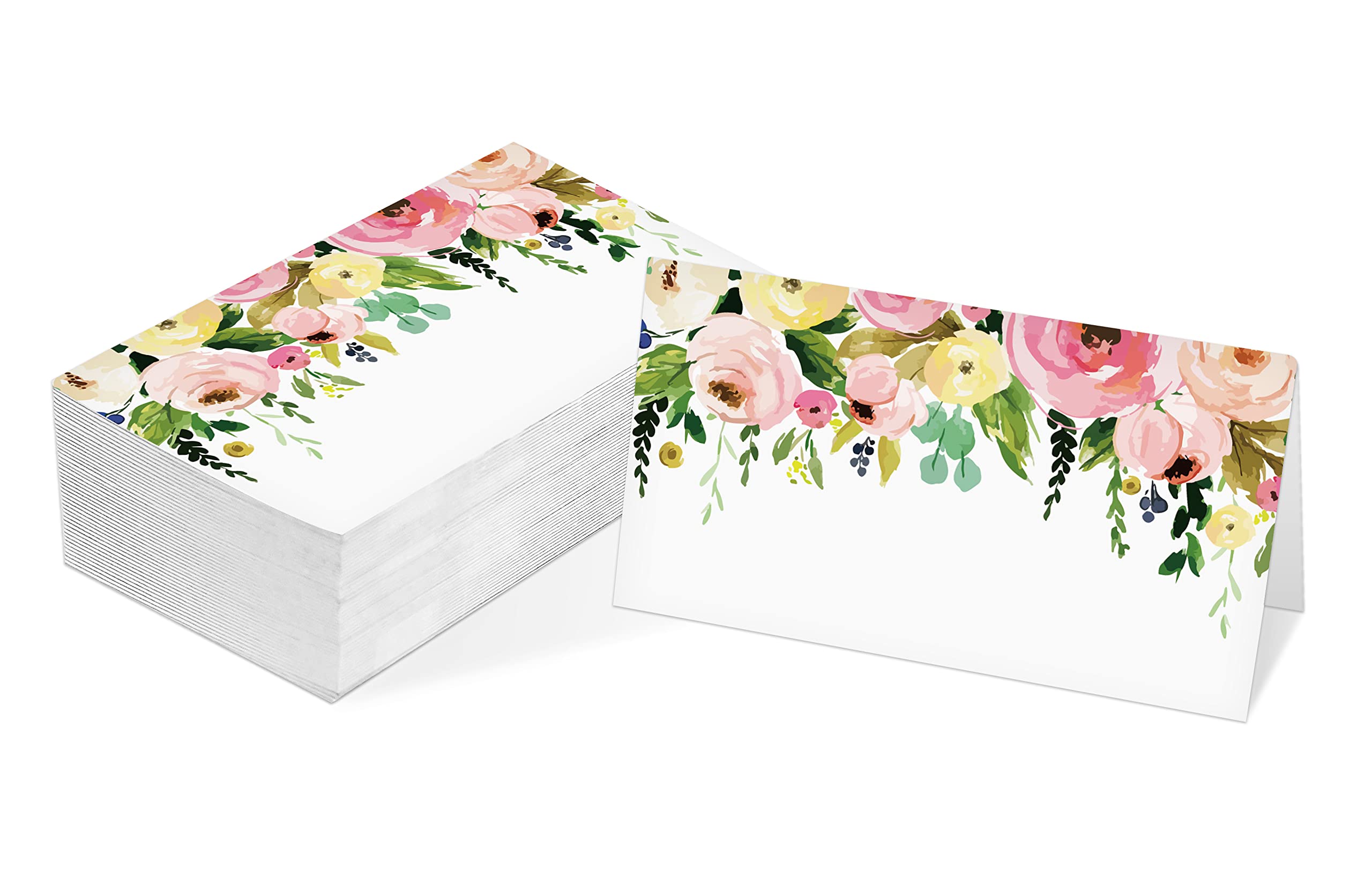 Table Place Card, Watercolor Floral Themed Tent Style Cards, Pack of 25 Half-Fold Reception Place Cards, Perfect for Wedding, Bridal & Baby Shower, Party, Birthday, Banquet and Special Events A39