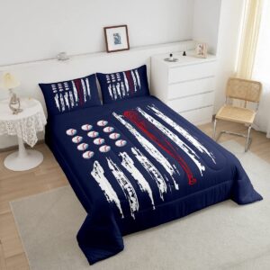 Castle Fairy Baseball Comforter Set Queen Size,American Flag Print Quilt Set with 2 Pillowcases,Creative Abstract Retro Flag Bedding Set 3pcs for Kids Boys Teens Bedroom Decor,(Navy Red White)