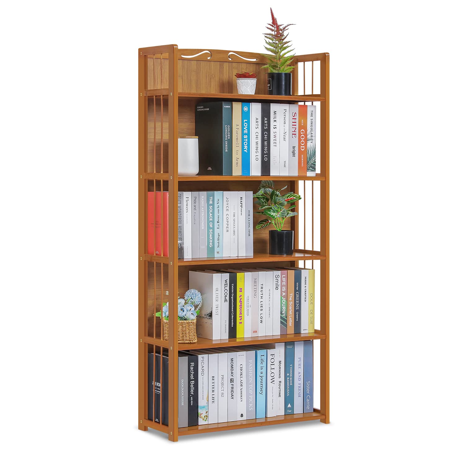 MoNiBloom Bamboo Bookcase with Decorative Carvings, Bamboo 5-Tier Adjustable Book Shelf Stand Storage Organizer for Living Room Kitchen Office Garden, Natural