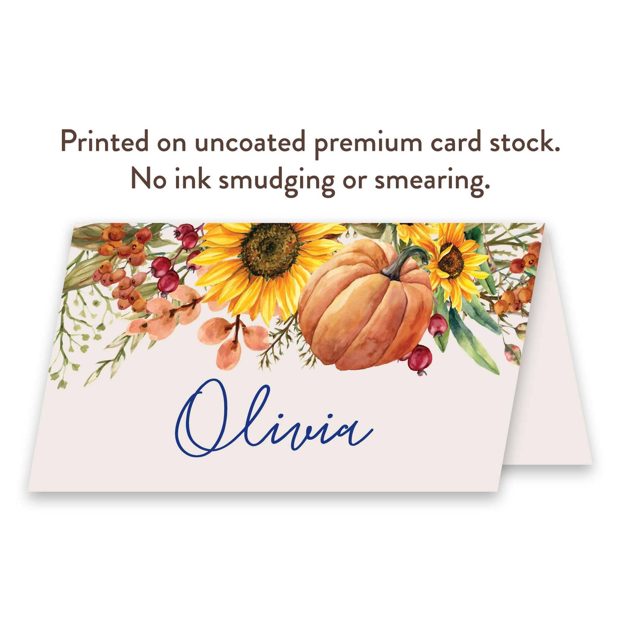 Koko Paper Co Thanksgiving Place Cards with Pumpkin and Sunflowers (50 Count) | 50 Tent Style Dinner Setting Name Cards | Designed and Made in the U.S.A.