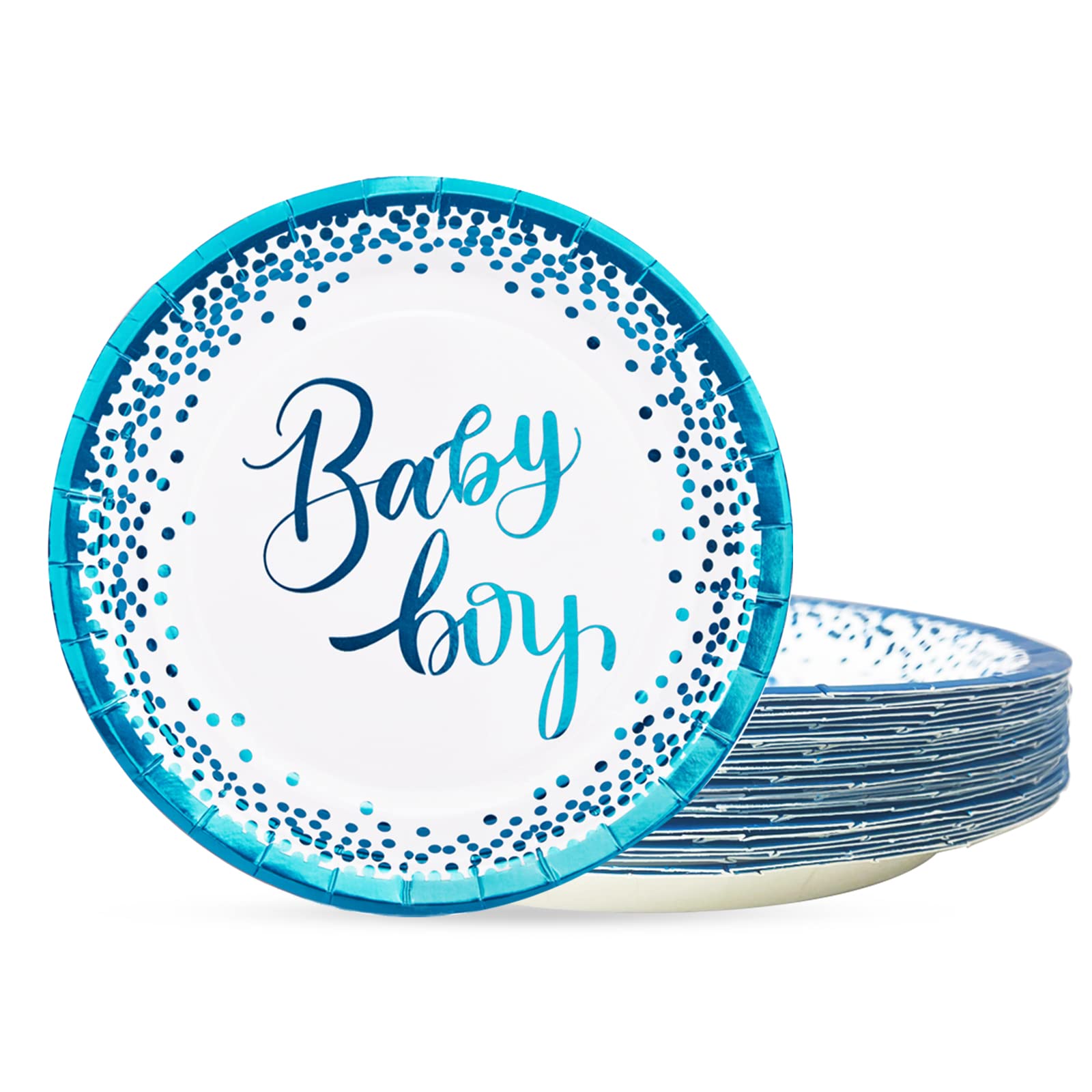 CENLBJ Paper Plate, 9inch- 50pcs, Blue Golden Dot, Biodegradable, Baby Shower Party Supplies