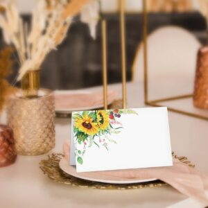 Table Place Card, Sunflower Themed Tent Style Cards, Pack of 25 Half-Fold Reception Place Card, Perfect for Sunflower Party, Wedding, Bridal & Baby Shower, Birthday, Banquet and Special Events A21