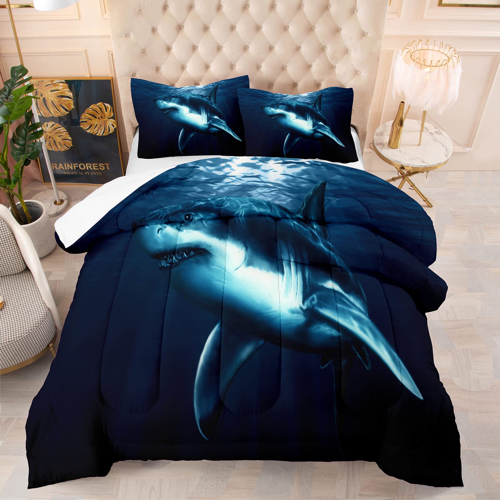 NINENINE Boys Blue Shark Bedding Sets Twin Size for Teens Kids,Boys Navy Blue Comforter Fish Ocean Bed Set-Includes 1 Comforter with Matching Pillowcase