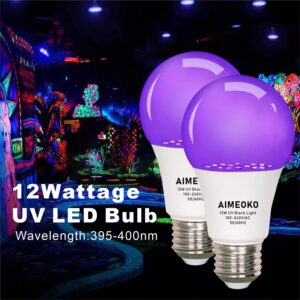 AIMEOKO Black Light Bulb 12W(100W Equivalent) - E26 UV LED Bulbs for Neon Party, Halloween, Fluorescent Poster, Body Paint - 2 Pack