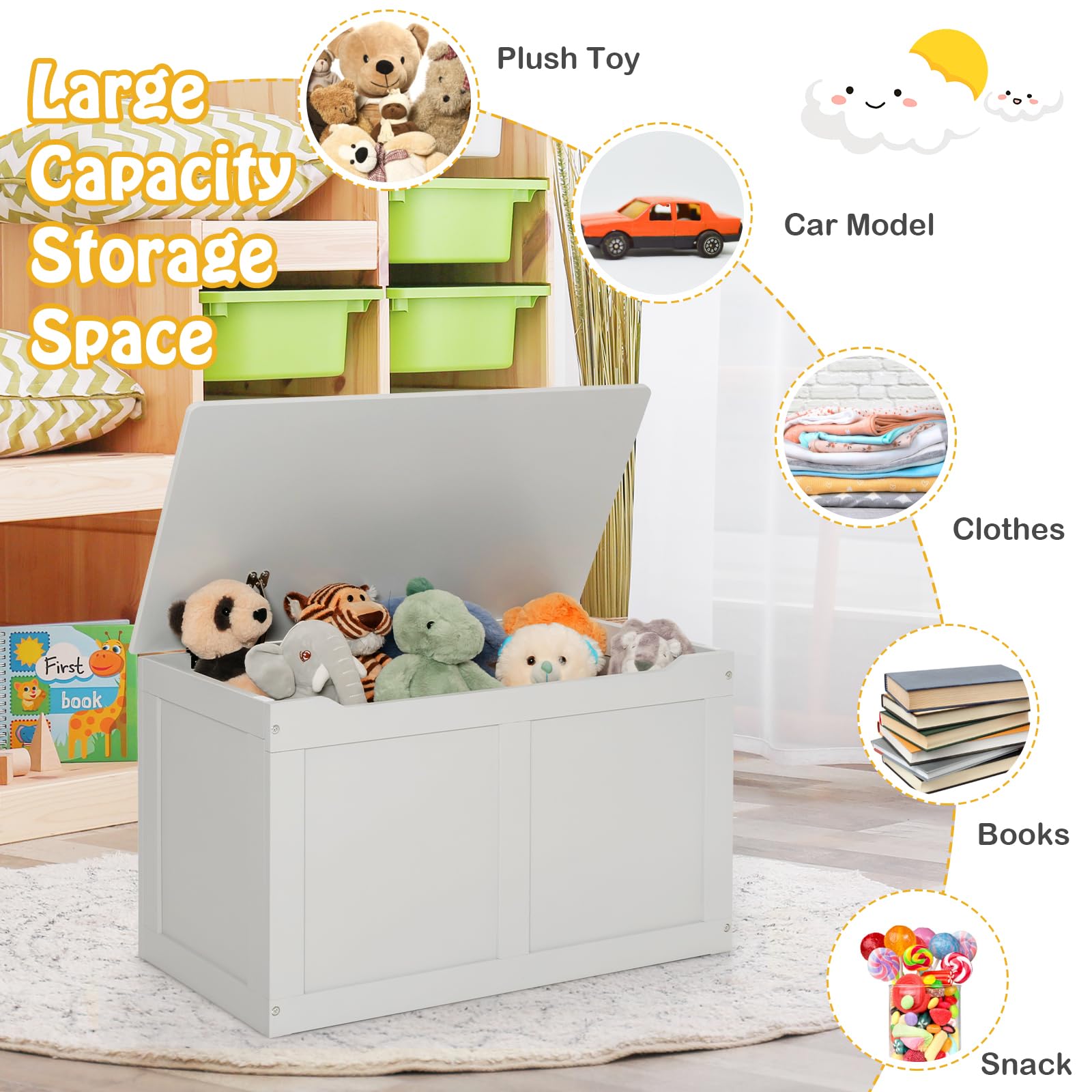 HONEY JOY Kids Wooden Toy Box, 2 In 1 Large Toy Storage Truck Bench with Flip-Top Lid, 2 Safety Hinges & Groove Handle, Toddler Big Toy Chest for Playroom & Bedroom, Gift for Boys Girls Age 3+