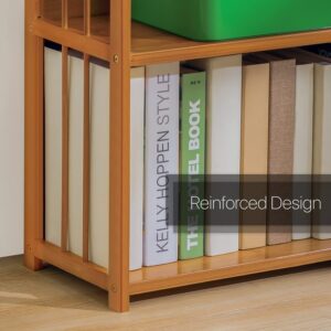 MoNiBloom Bamboo Bookcase with Decorative Carvings, Bamboo 5-Tier Adjustable Book Shelf Stand Storage Organizer for Living Room Kitchen Office Garden, Natural