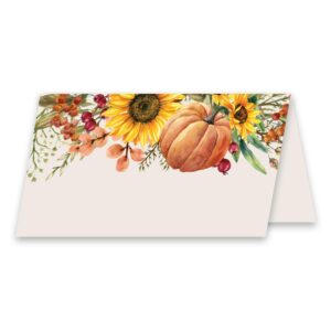 koko paper co thanksgiving place cards with pumpkin and sunflowers (50 count) | 50 tent style dinner setting name cards | designed and made in the u.s.a.