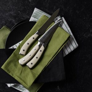 DURA LIVING 4-Piece Serrated Kitchen Steak Knife Set – Forged High Carbon Stainless Steel, Ultra Sharp, Ergonomic Black Handles, Durable Dinner Knives, Cream Handle