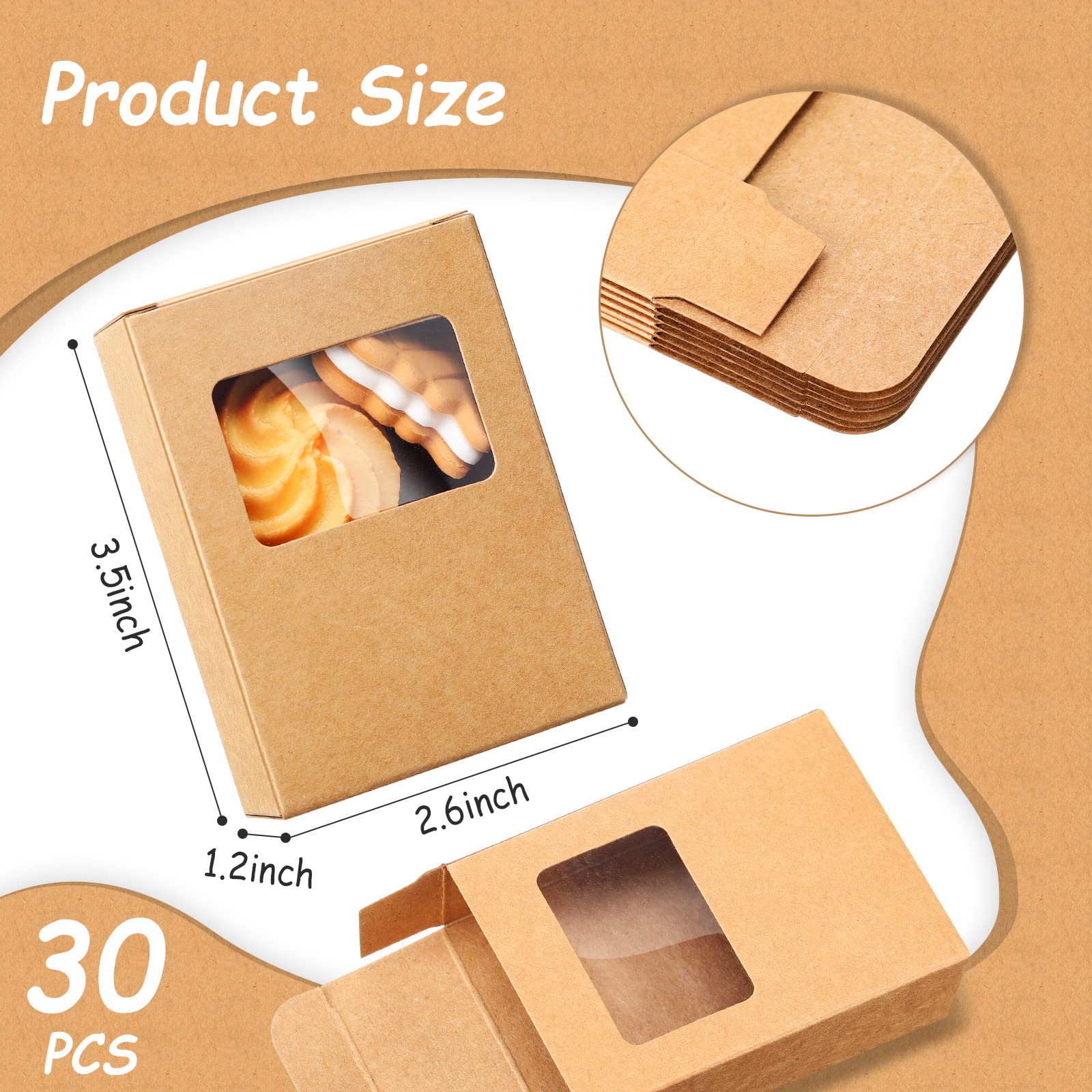 30 Pieces Soap Packaging Boxes Paper Soap Box Kraft Soap Box with Window Rectangle Window Gift Box for Homemade Soap Making Supplies Party Favor Treats Wrapping Packaging, 3.5 x 2.6 x 1.2 Inch (Brown)