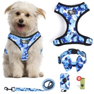 step in dog harness and leash set, adjustable reflective no pull dog vest harness set for puppy medium dog with bow collar, leash and poop bag, medium blue camouflage