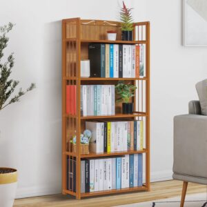 MoNiBloom Bamboo Bookcase with Decorative Carvings, Bamboo 5-Tier Adjustable Book Shelf Stand Storage Organizer for Living Room Kitchen Office Garden, Natural