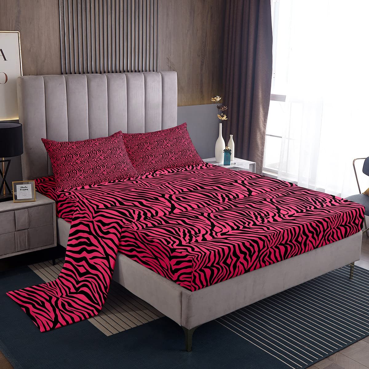 Girls Pink Black Fitted Sheet Zebra Stripes Bed Sheet Set Safari Animal Print Bedding Set for Boys Girls Kids Room Decor Zoo Animal Fur Print Lightweight Bed Cover Full Size 4Pcs Bedding Sheets