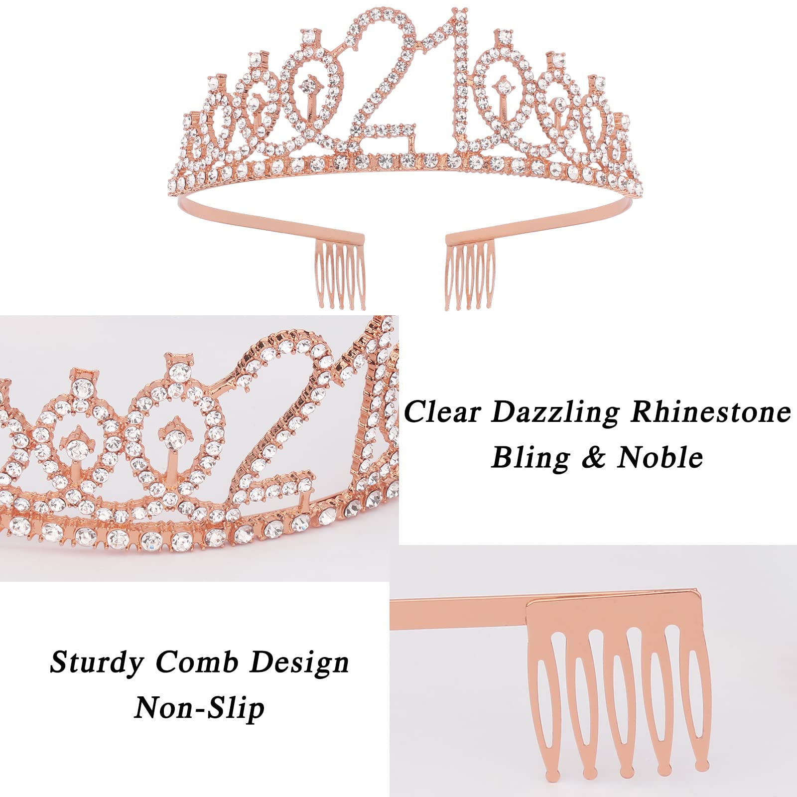 CAVETEE Rose Gold Finally 21 Birthday Sash and Crown for Women 21st Birthday Tiaras and Sash Set for Women Birthday Decorations Rose Gold Birthday Queen Crowns Tiaras for Women