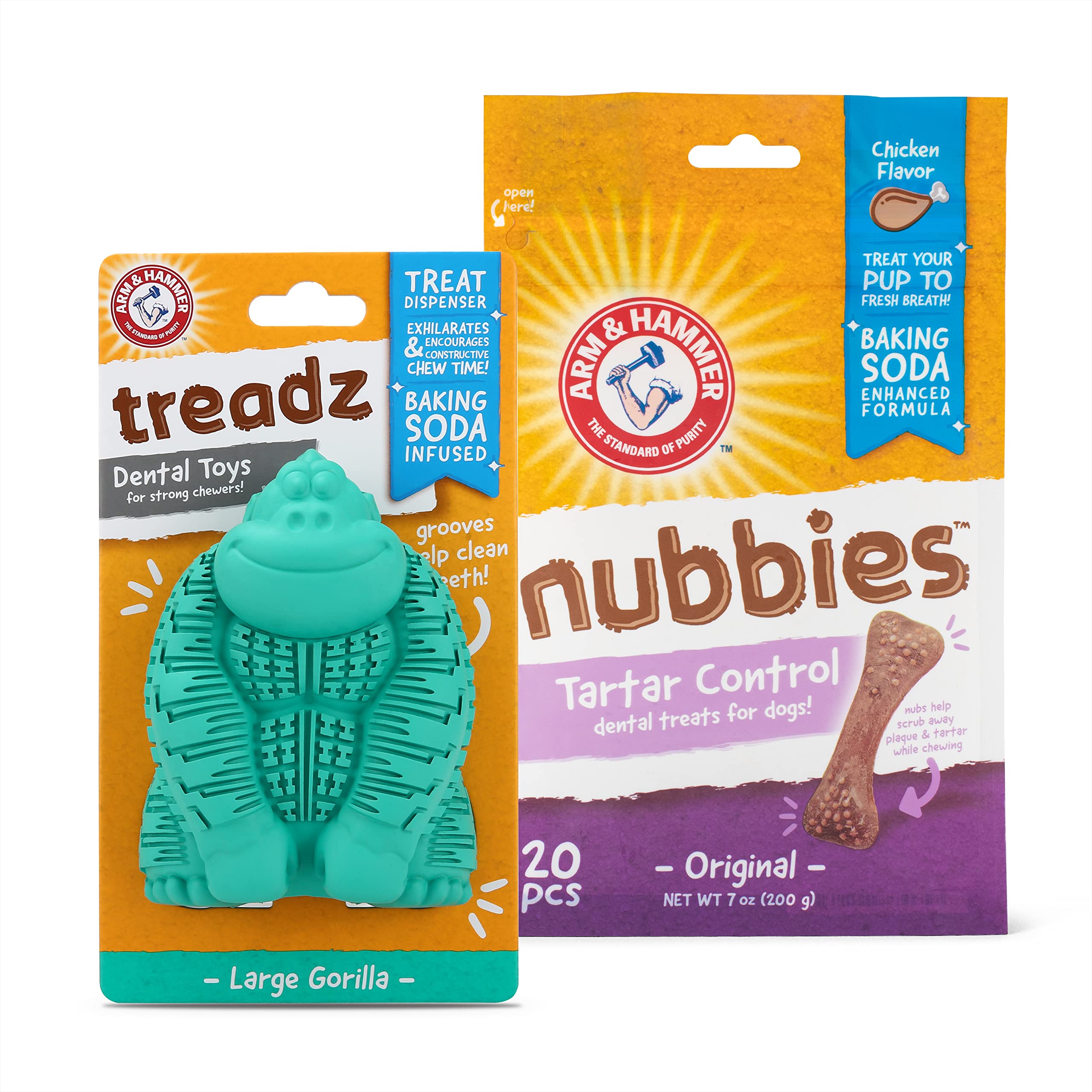 Arm & Hammer for Pets Dental Chew Toy and Dentral Treats for Dogs | Bundle Includes 1 Gorilla Chew Toy and 20 Pc Chicken Flavor Nubbies Dog Treats | Reduce Plaque & Tartar | Safe for Dogs up to 35 Lbs