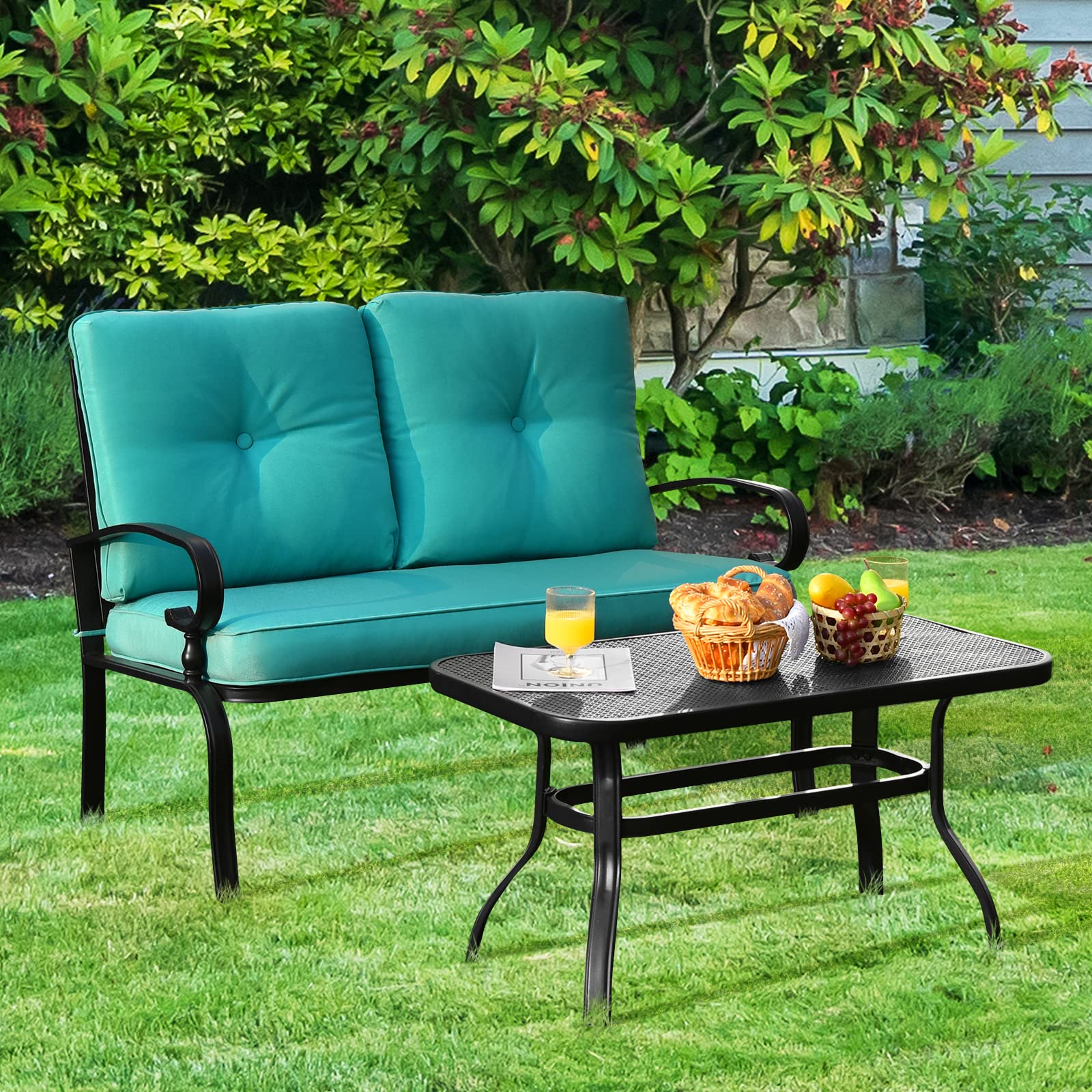 Giantex Patio Loveseat with Coffee Table Outdoor Bench with Cushion and Metal Frame, Loveseat Porch Furniture Set Sofa for Garden, Yard, Patio or Poolside