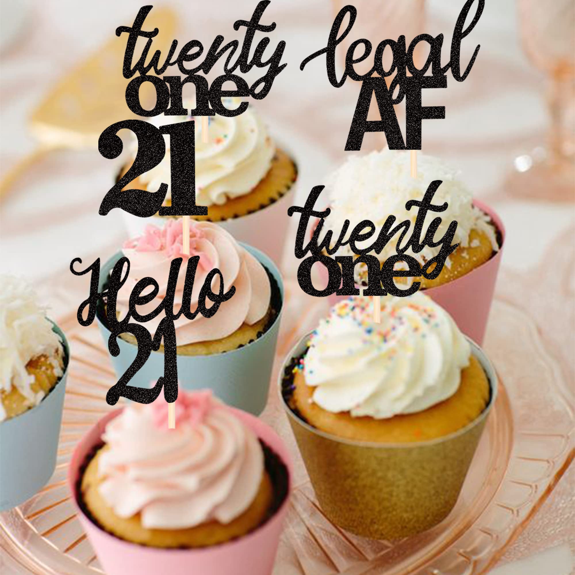 24 PCS 21st Birthday Cupcake Toppers legal Hello 21 Twenty One Cupcake Picks 21st Birthday Cake Decorations Supplies Black