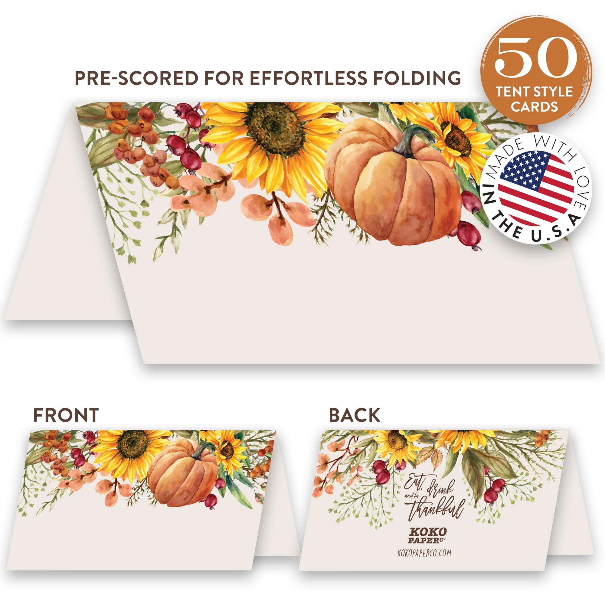 Koko Paper Co Thanksgiving Place Cards with Pumpkin and Sunflowers (50 Count) | 50 Tent Style Dinner Setting Name Cards | Designed and Made in the U.S.A.