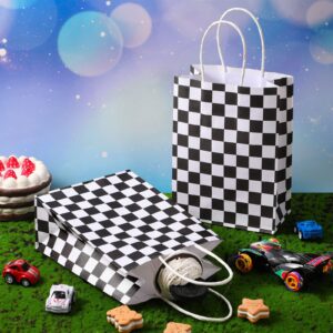 Epakh 16 Pcs Checkered Racing Treat Bags Race Car Party Favors Bag with Handles Black and White Checkered Racing Flag Candy Bags Goodie Bags for Race Car Themed Birthday Party Supplies